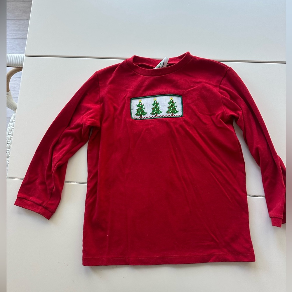 Red Kids Shirt with Smocked Christmas Tree Design